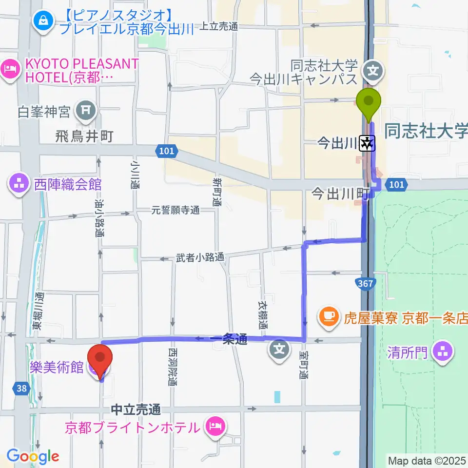 樂美術館の最寄駅今出川駅からの徒歩ルート（約12分）地図