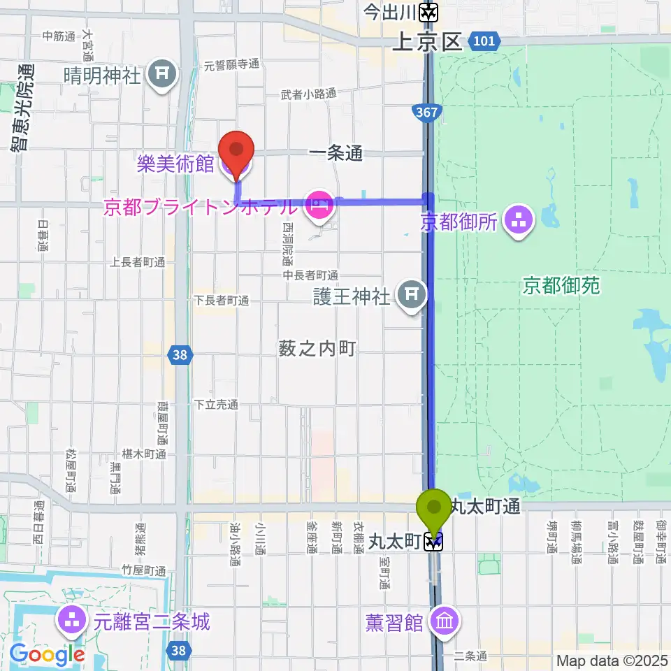丸太町駅から樂美術館へのルートマップ地図