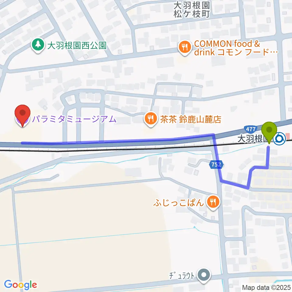 パラミタミュージアムの最寄駅大羽根園駅からの徒歩ルート（約7分）地図