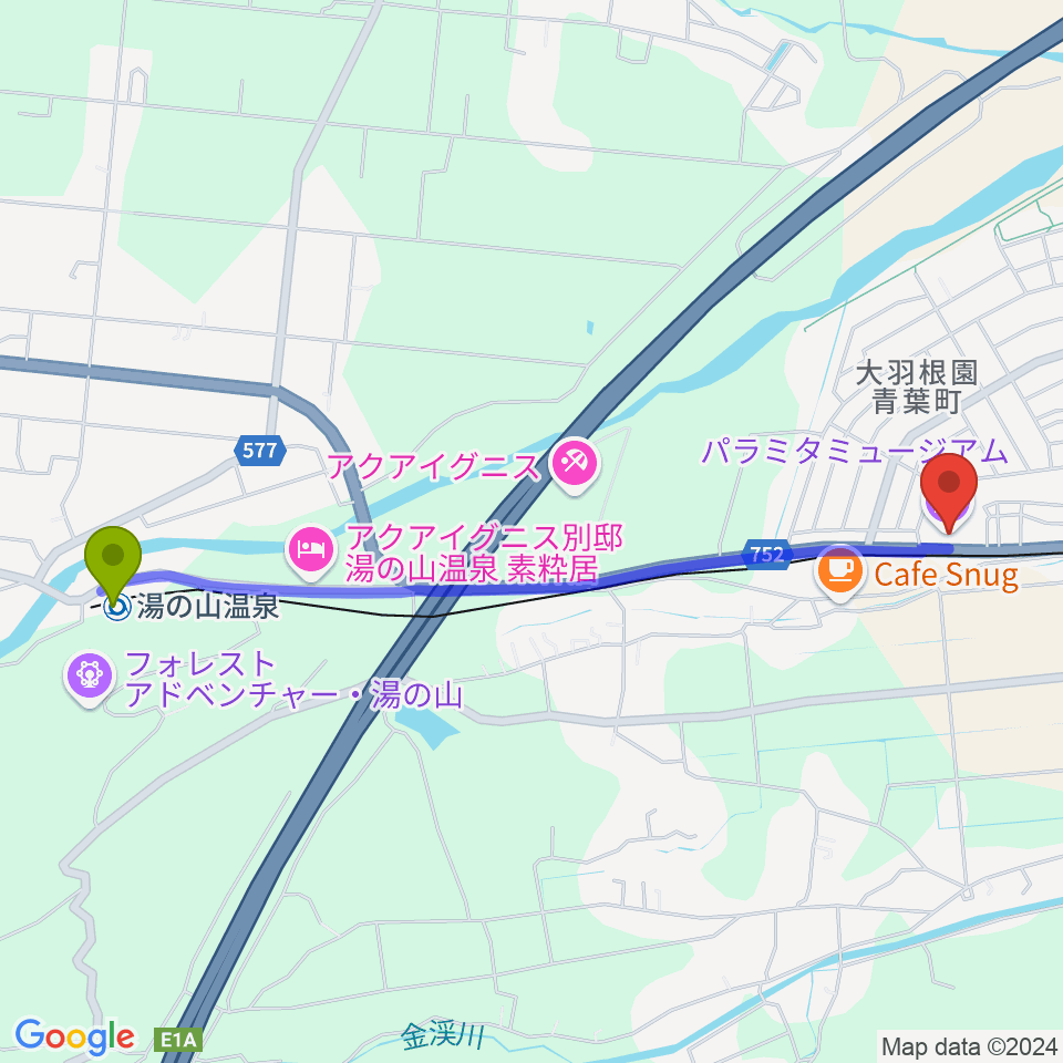 湯の山温泉駅からパラミタミュージアムへのルートマップ地図