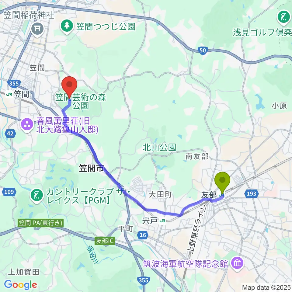 友部駅から茨城県陶芸美術館へのルートマップ地図