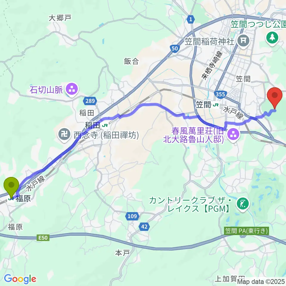 福原駅から茨城県陶芸美術館へのルートマップ地図