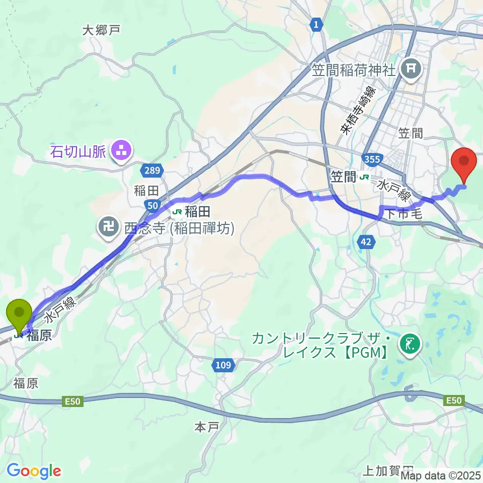 福原駅から茨城県陶芸美術館へのルートマップ地図