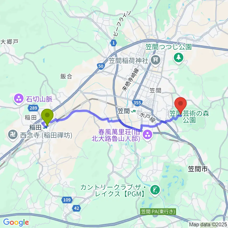 稲田駅から茨城県陶芸美術館へのルートマップ地図