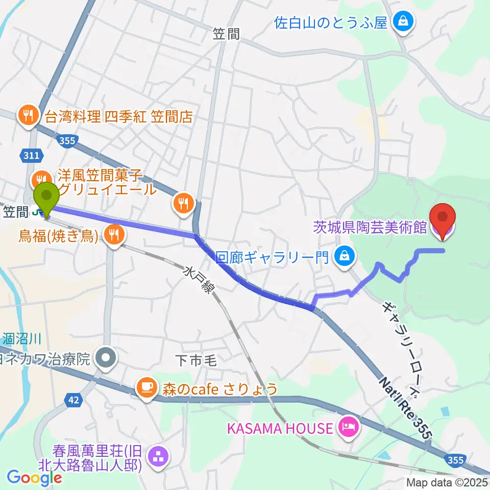 茨城県陶芸美術館の最寄駅笠間駅からの徒歩ルート（約25分）地図