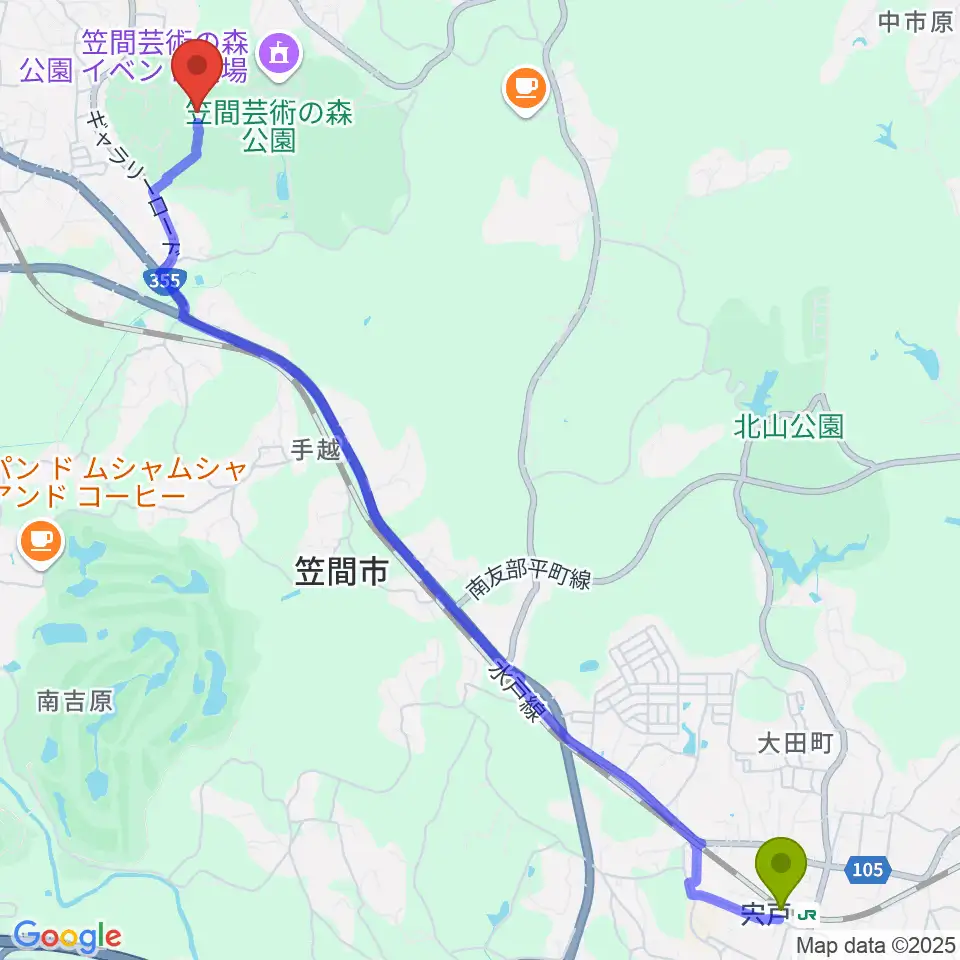 宍戸駅から茨城県陶芸美術館へのルートマップ地図