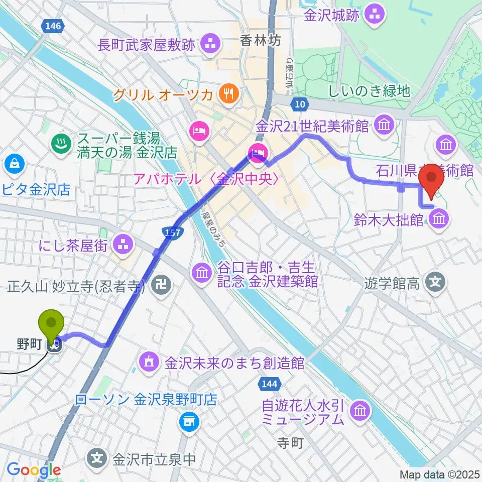 金沢市立中村記念美術館の最寄駅野町駅からの徒歩ルート（約26分）地図