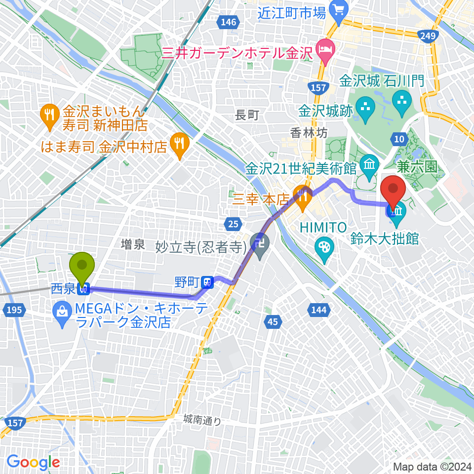 西泉駅から金沢市立中村記念美術館へのルートマップ地図