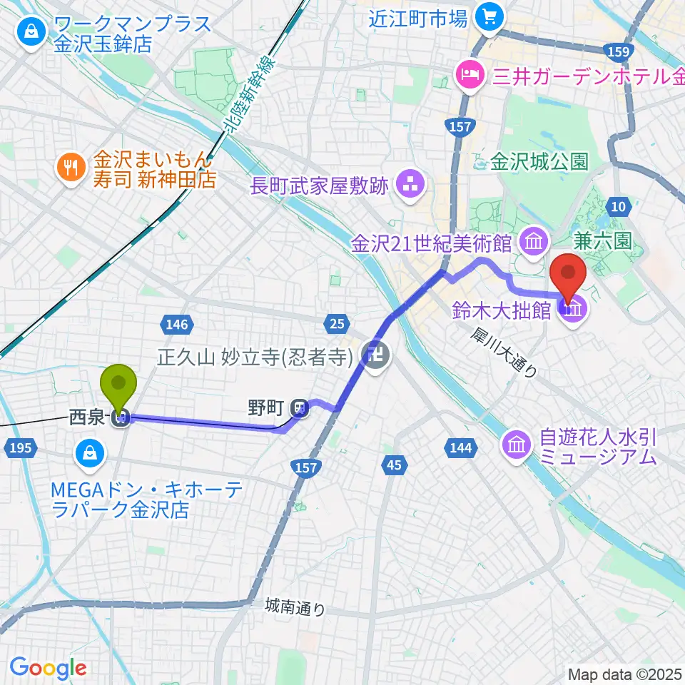 西泉駅から金沢市立中村記念美術館へのルートマップ地図