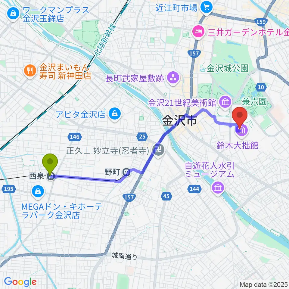 西泉駅から金沢市立中村記念美術館へのルートマップ地図