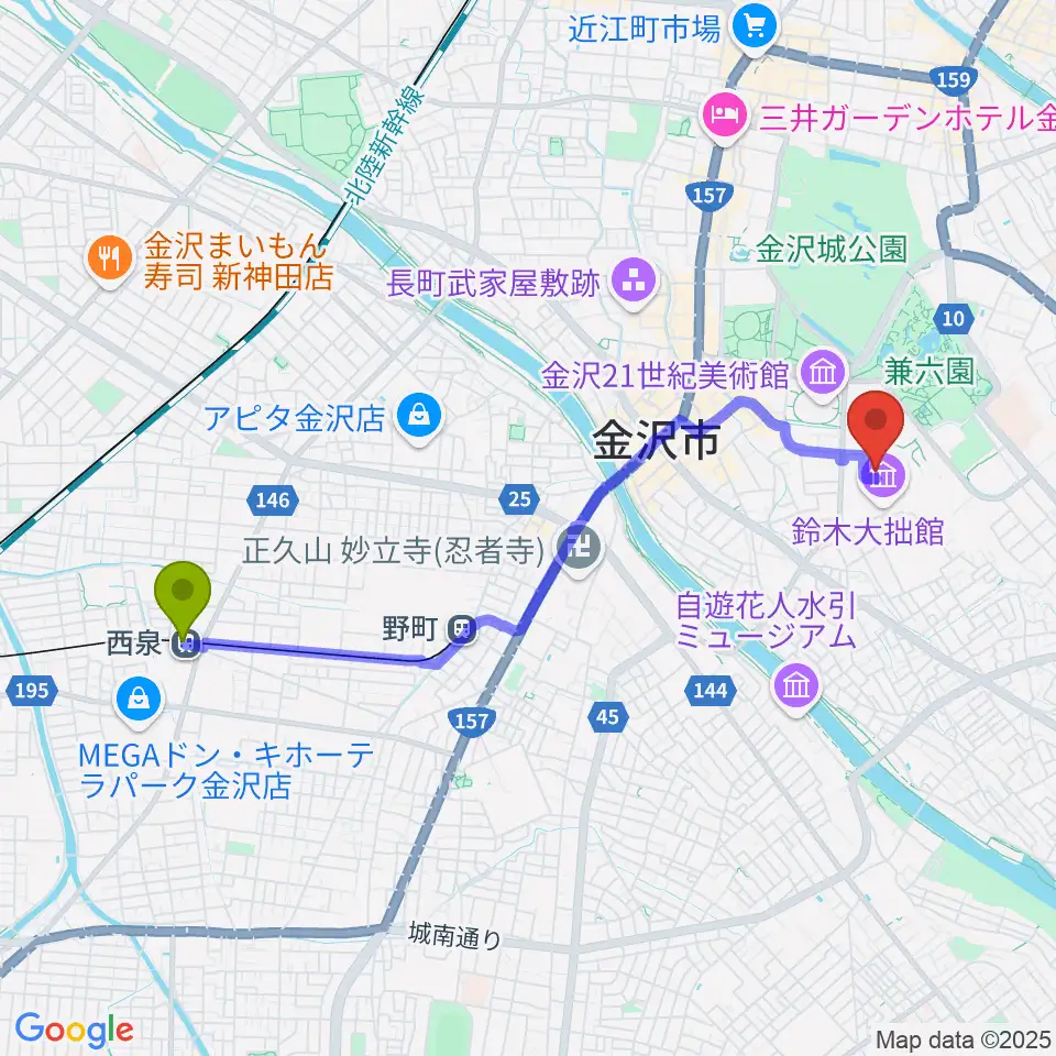 西泉駅から金沢市立中村記念美術館へのルートマップ地図