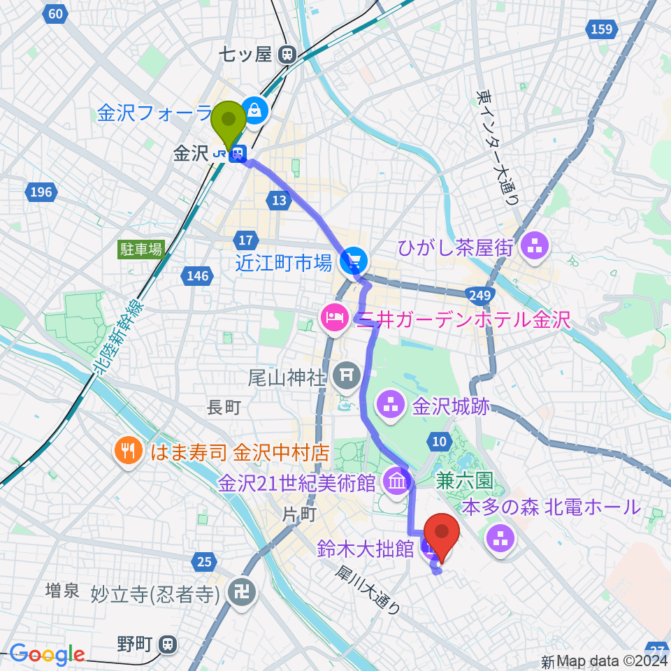 金沢駅から鈴木大拙館へのルートマップ地図