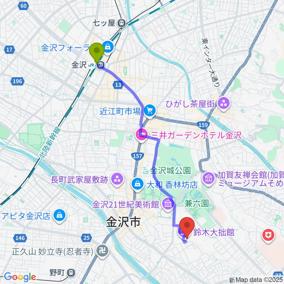 金沢駅から鈴木大拙館へのルートマップ地図