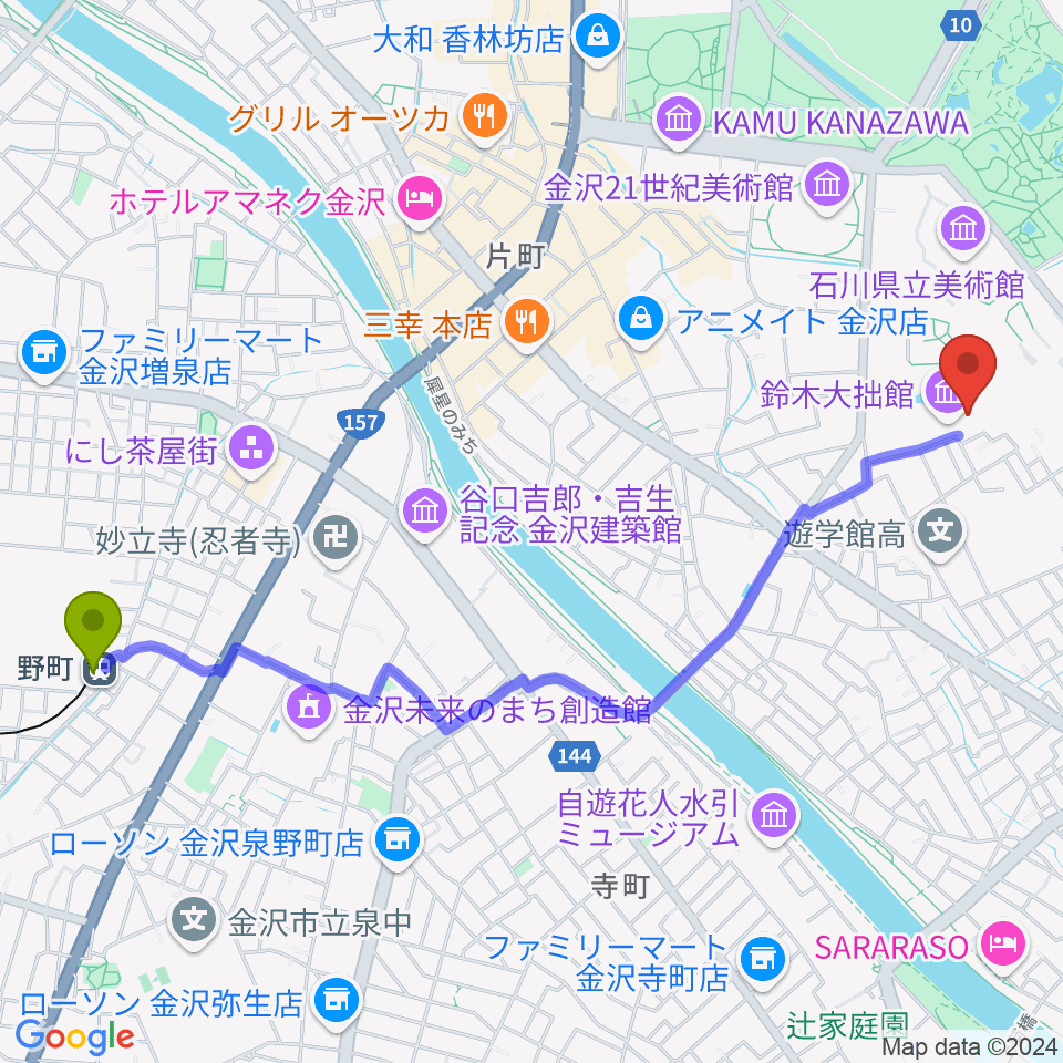 鈴木大拙館の最寄駅野町駅からの徒歩ルート（約26分）地図