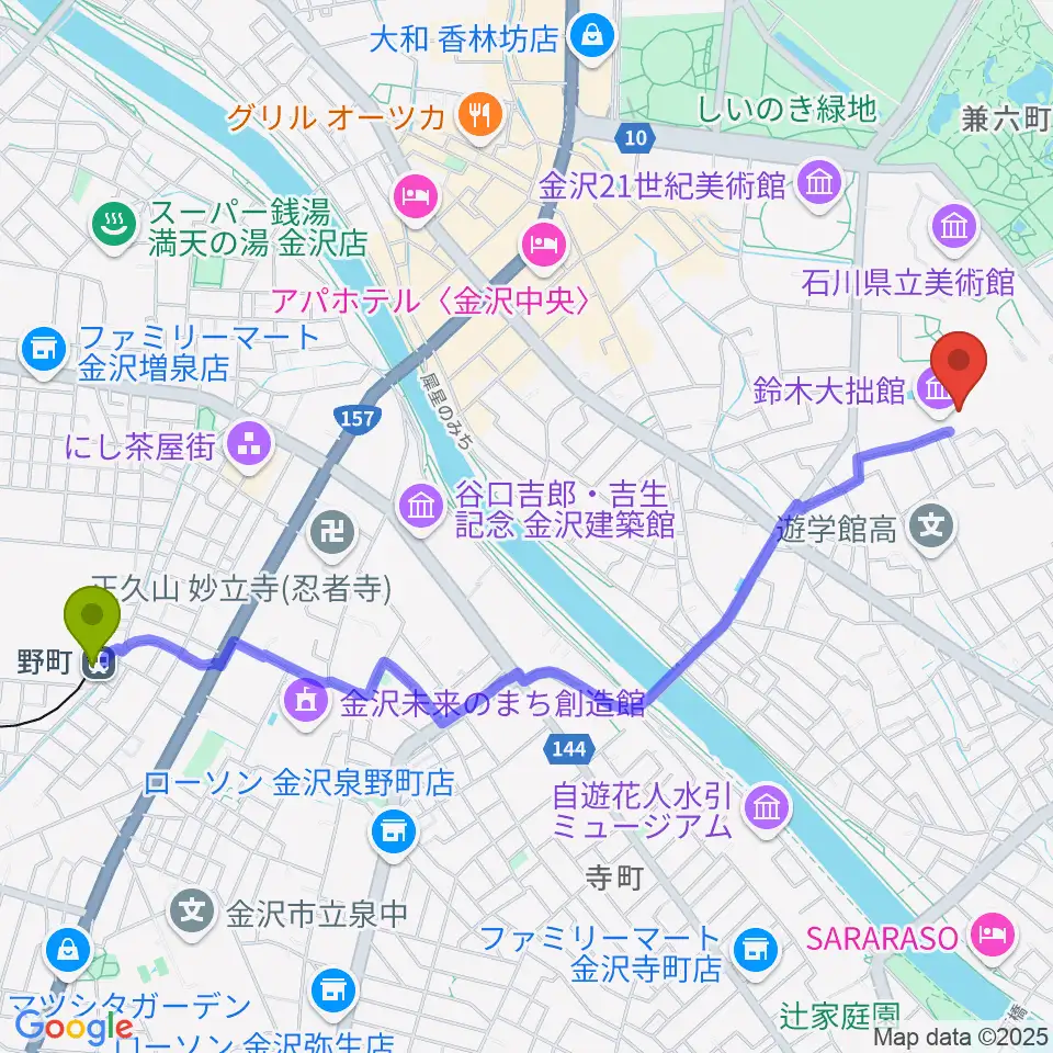 鈴木大拙館の最寄駅野町駅からの徒歩ルート（約26分）地図