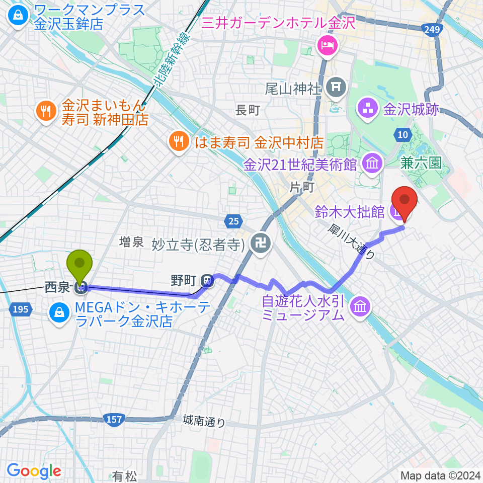 西泉駅から鈴木大拙館へのルートマップ地図