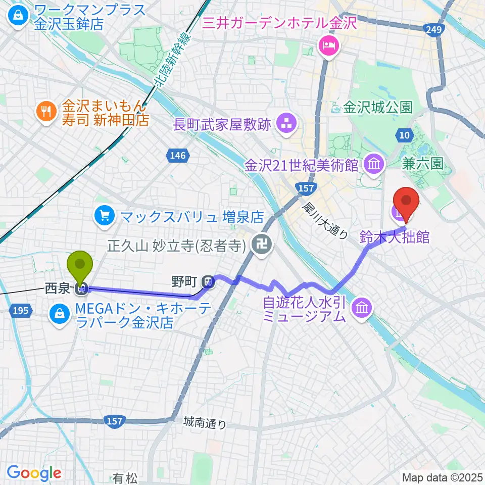 西泉駅から鈴木大拙館へのルートマップ地図