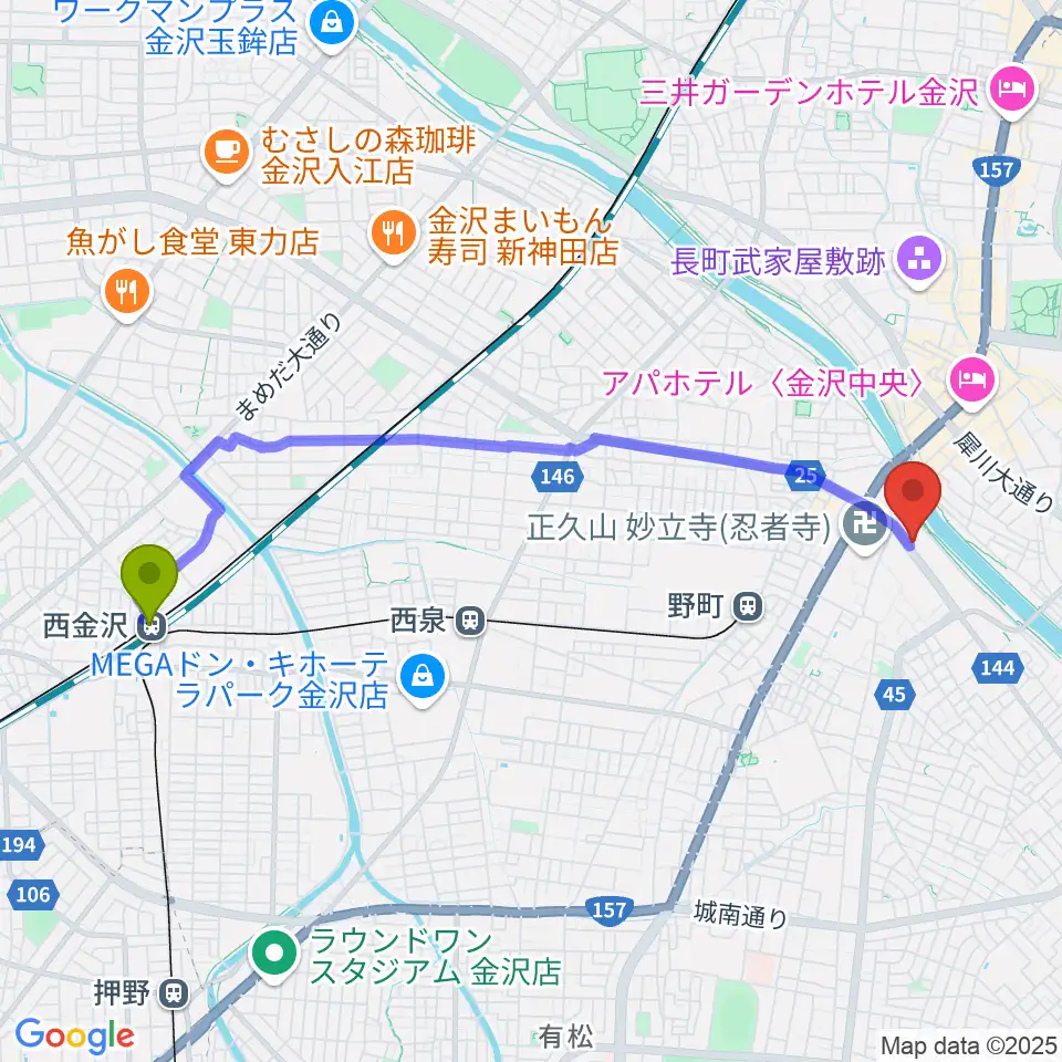 西金沢駅から谷口吉郎・吉生記念金沢建築館へのルートマップ地図