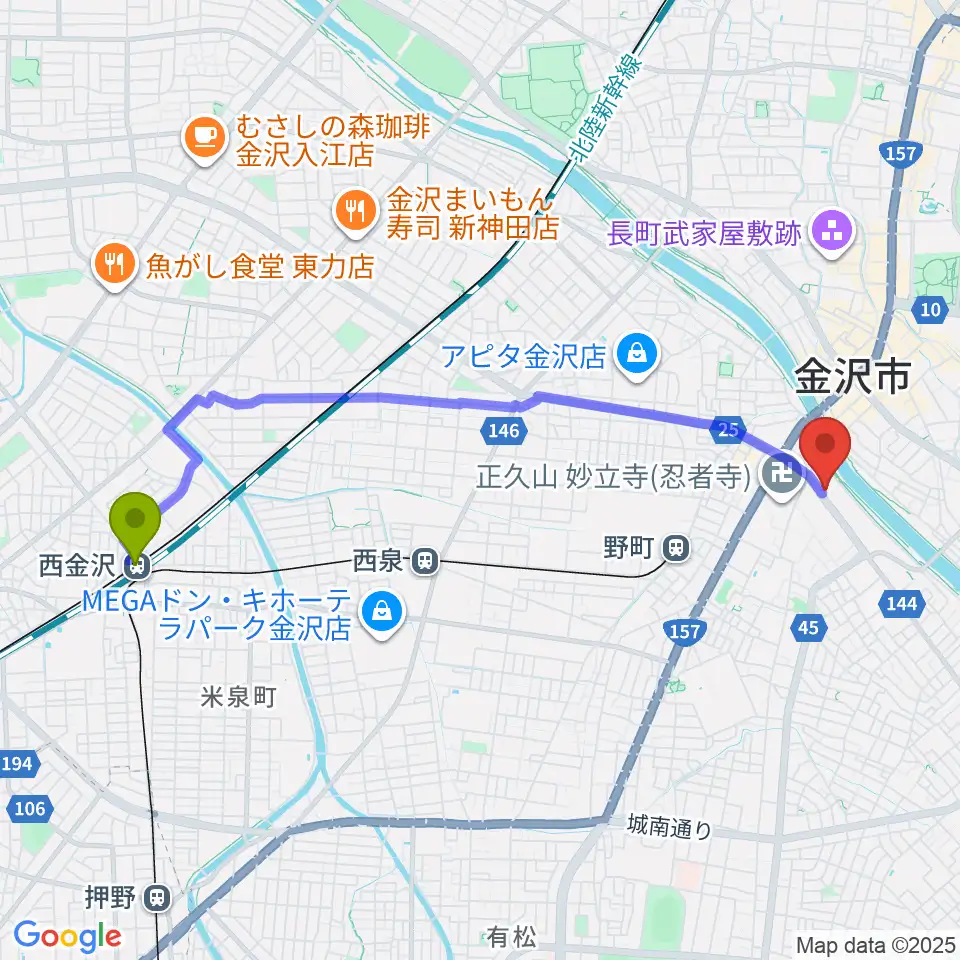 西金沢駅から谷口吉郎・吉生記念金沢建築館へのルートマップ地図