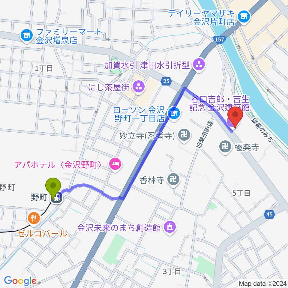 谷口吉郎・吉生記念金沢建築館の最寄駅野町駅からの徒歩ルート（約10分）地図