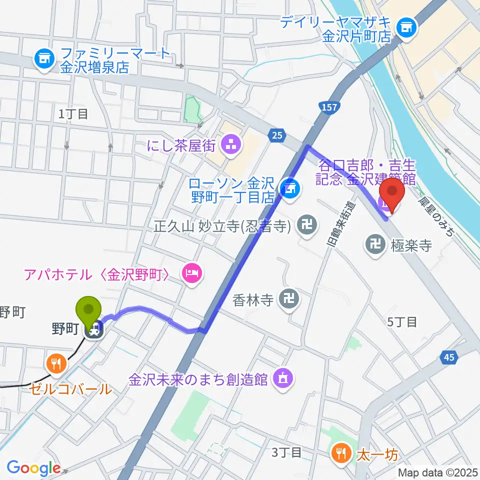 谷口吉郎・吉生記念金沢建築館の最寄駅野町駅からの徒歩ルート（約10分）地図