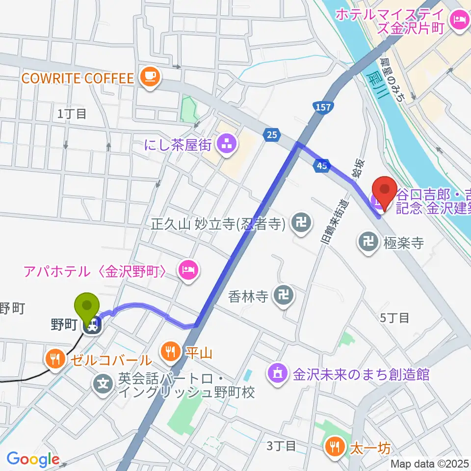 谷口吉郎・吉生記念金沢建築館の最寄駅野町駅からの徒歩ルート（約10分）地図