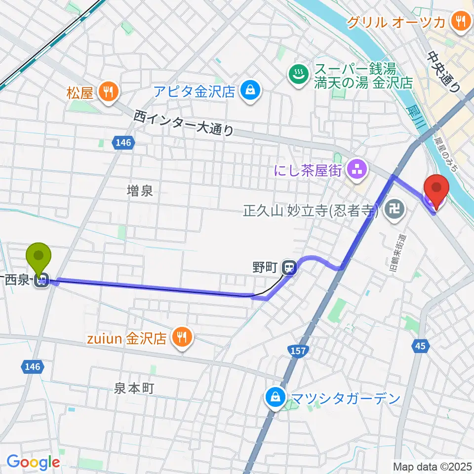 西泉駅から谷口吉郎・吉生記念金沢建築館へのルートマップ地図