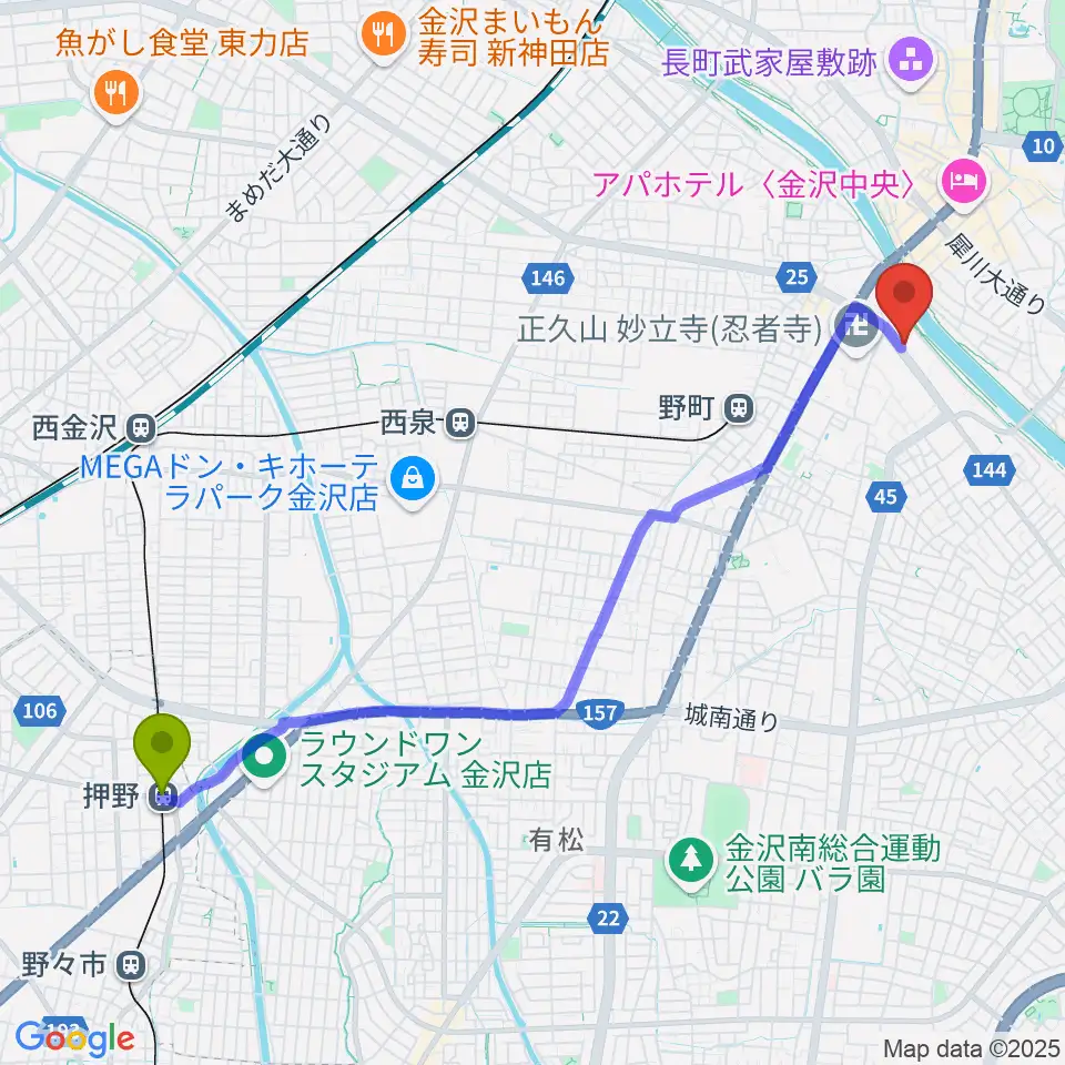 押野駅から谷口吉郎・吉生記念金沢建築館へのルートマップ地図