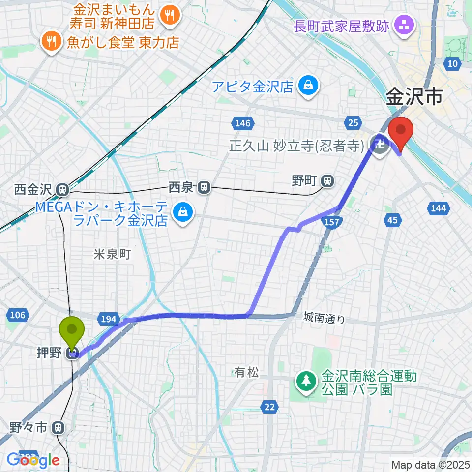 押野駅から谷口吉郎・吉生記念金沢建築館へのルートマップ地図