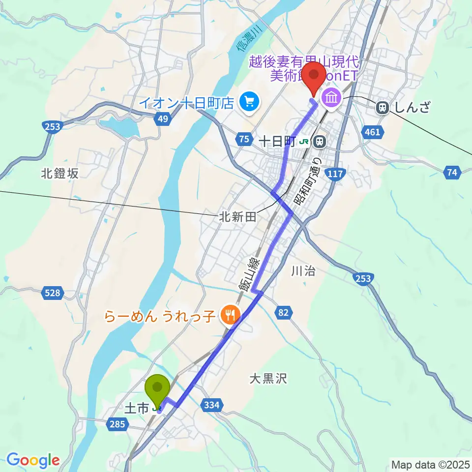 土市駅から十日町市博物館へのルートマップ地図
