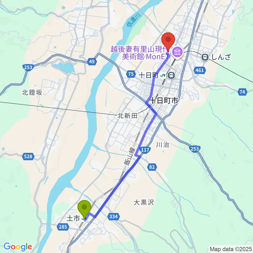 土市駅から十日町市博物館へのルートマップ地図