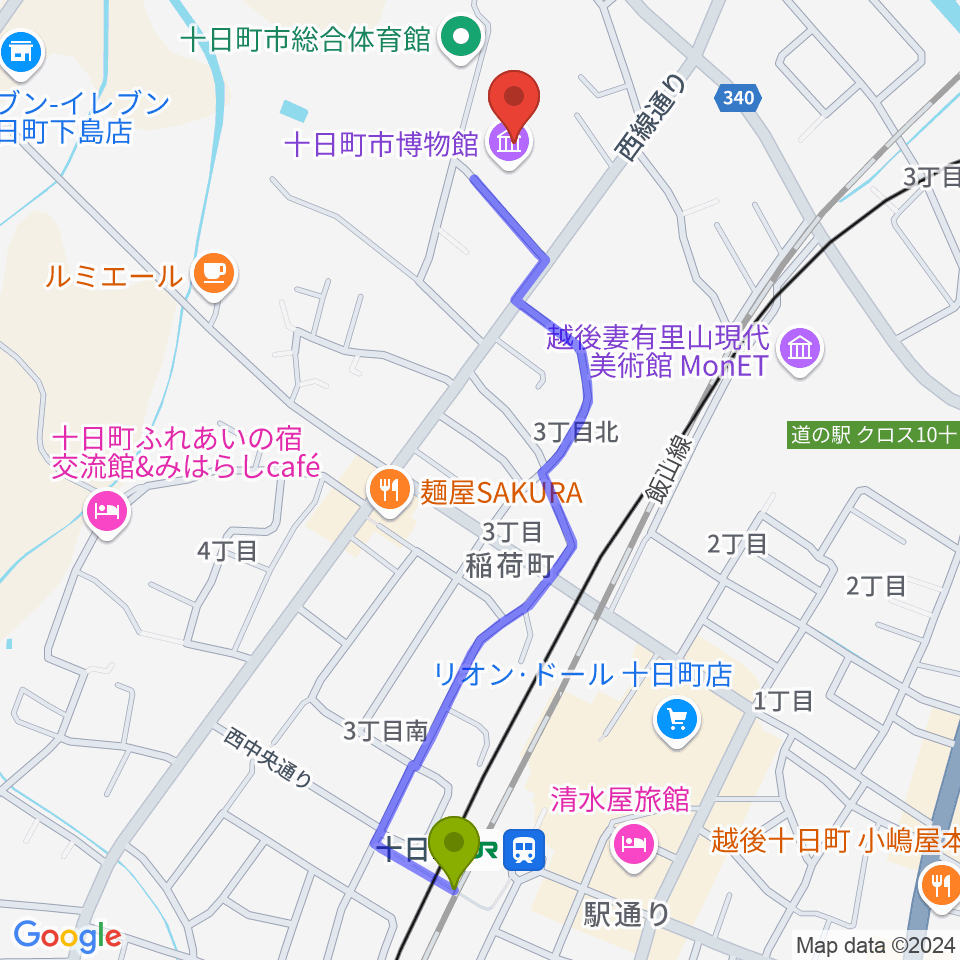 十日町市博物館の最寄駅十日町駅からの徒歩ルート（約12分）地図