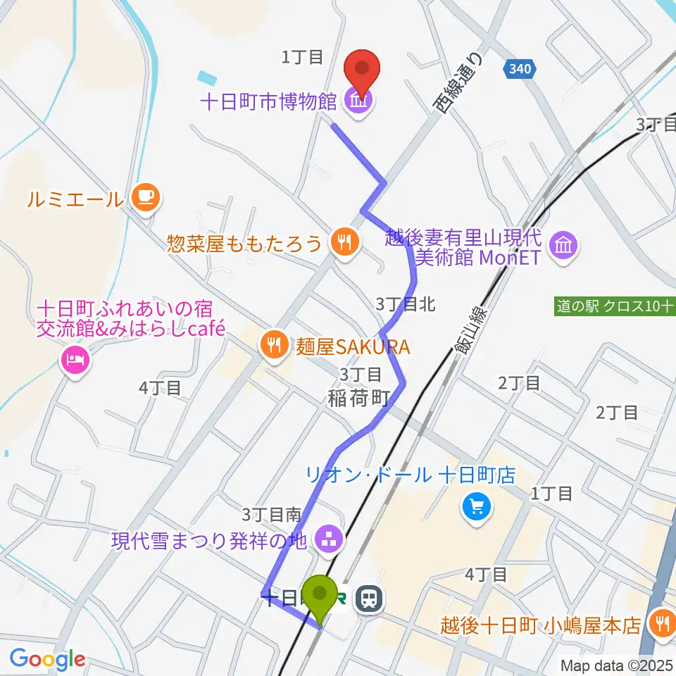 十日町市博物館の最寄駅十日町駅からの徒歩ルート（約12分）地図