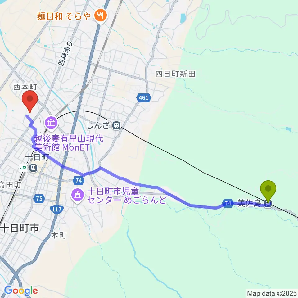 美佐島駅から十日町市博物館へのルートマップ地図