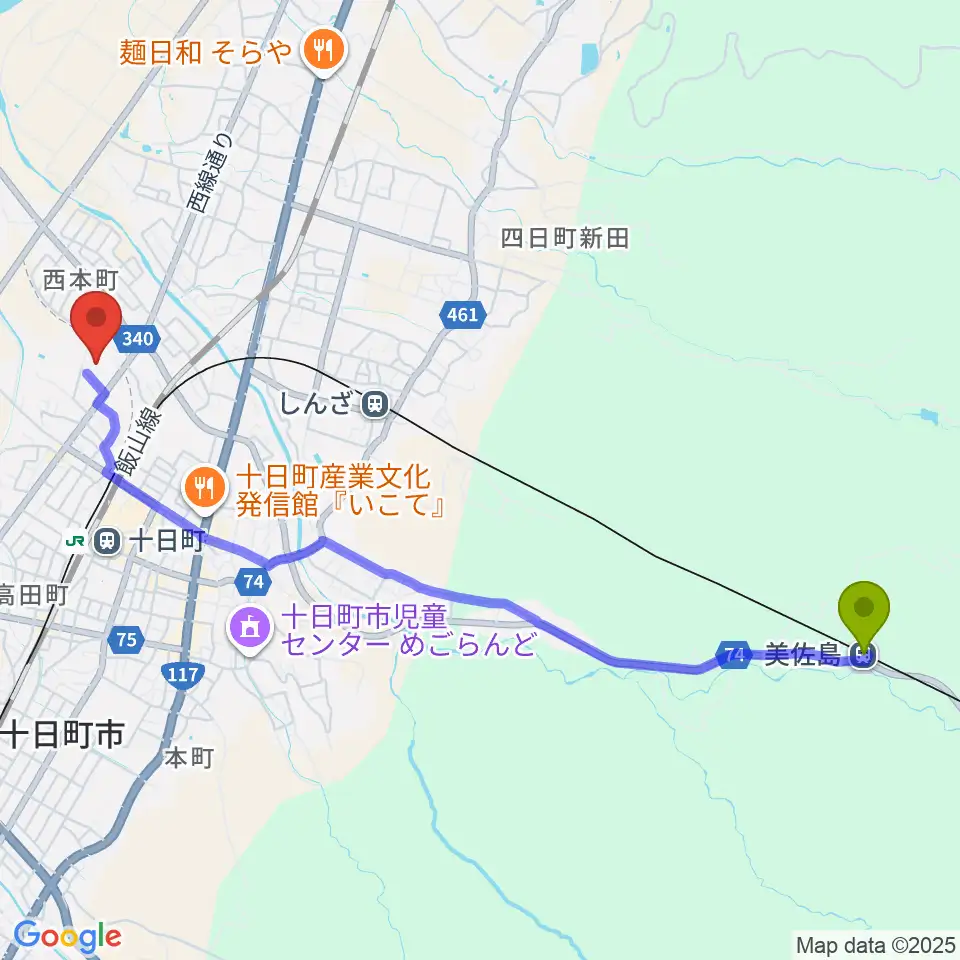 美佐島駅から十日町市博物館へのルートマップ地図