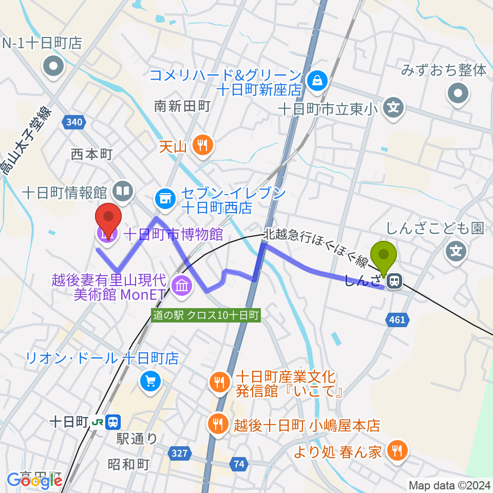 しんざ駅から十日町市博物館へのルートマップ地図