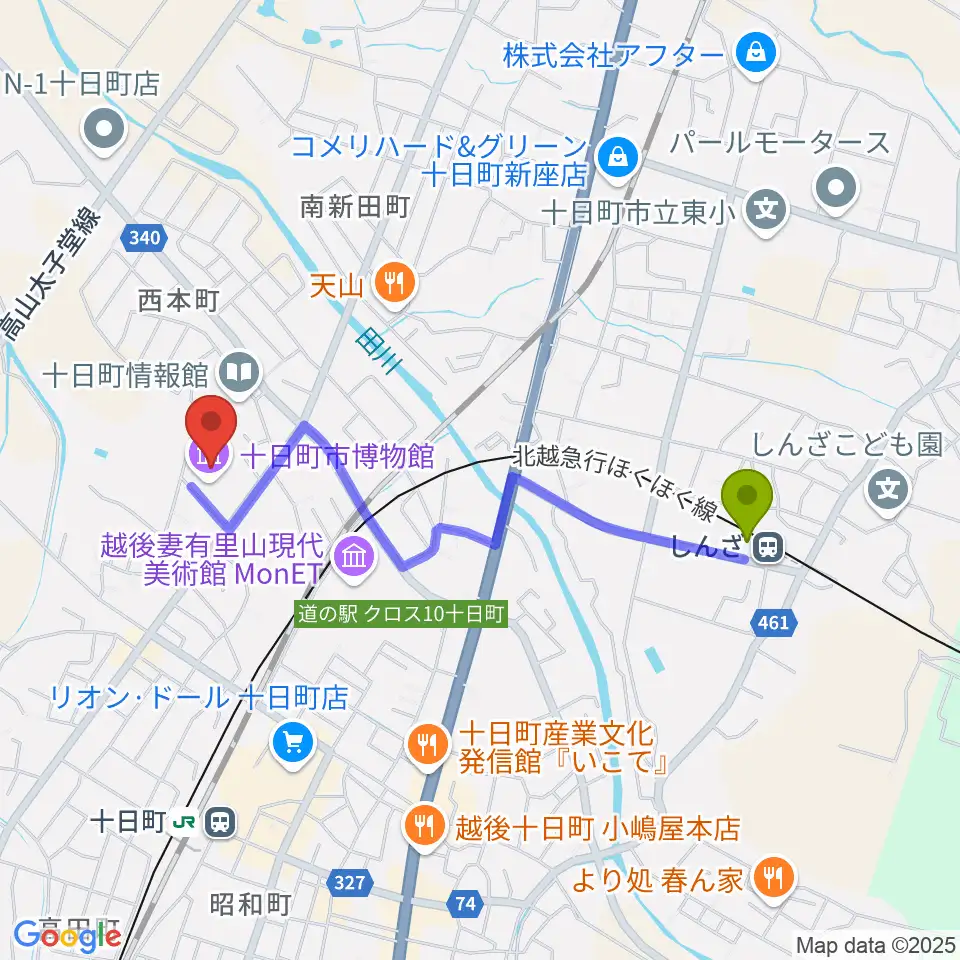 しんざ駅から十日町市博物館へのルートマップ地図