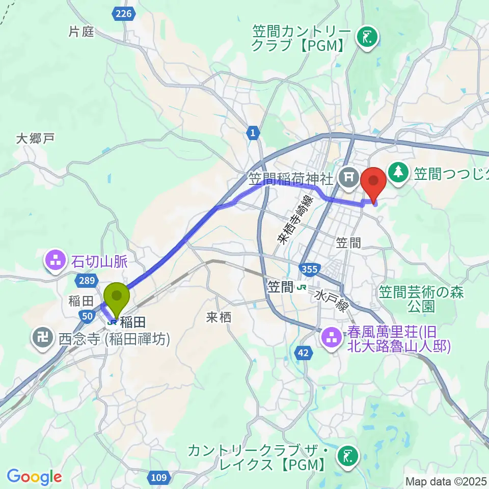 稲田駅から笠間日動美術館へのルートマップ地図