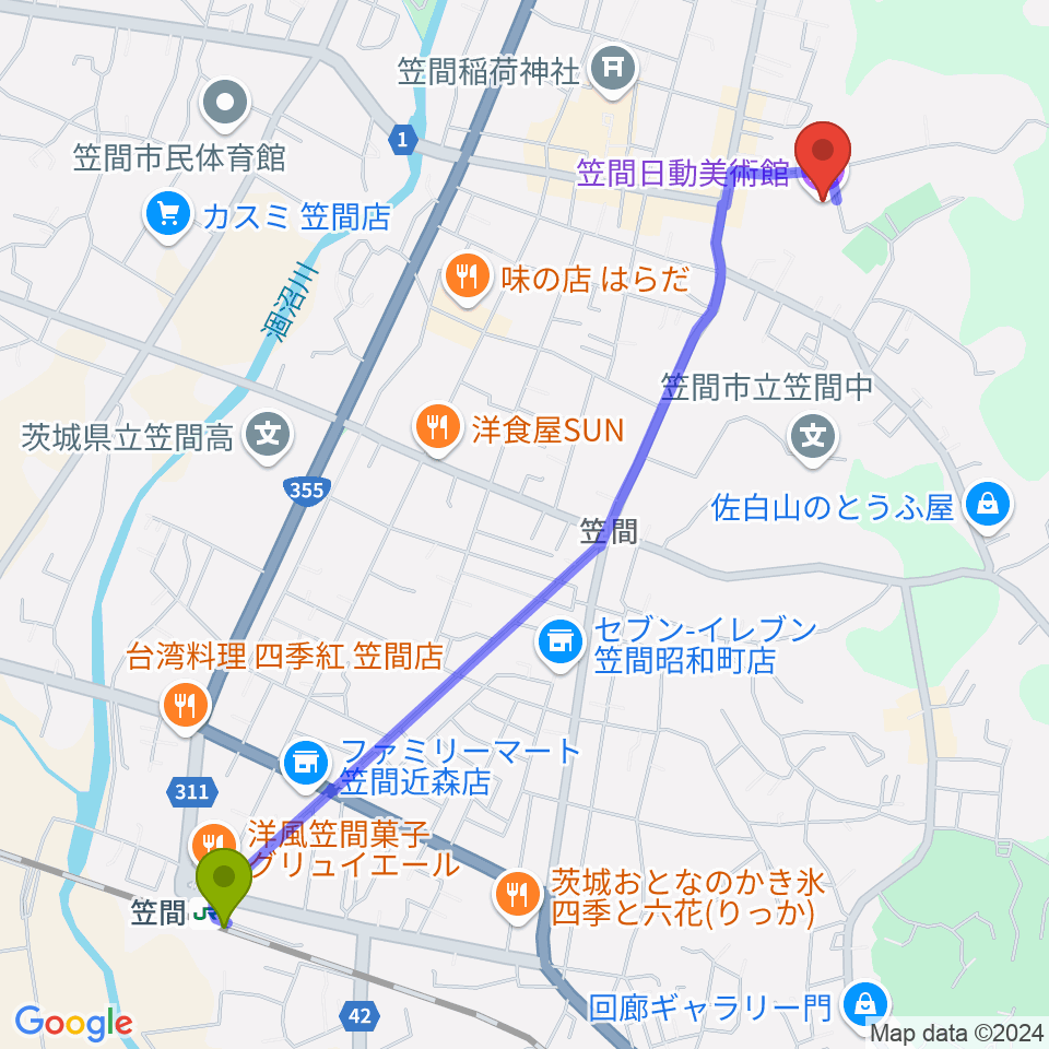 笠間日動美術館の最寄駅笠間駅からの徒歩ルート（約28分）地図