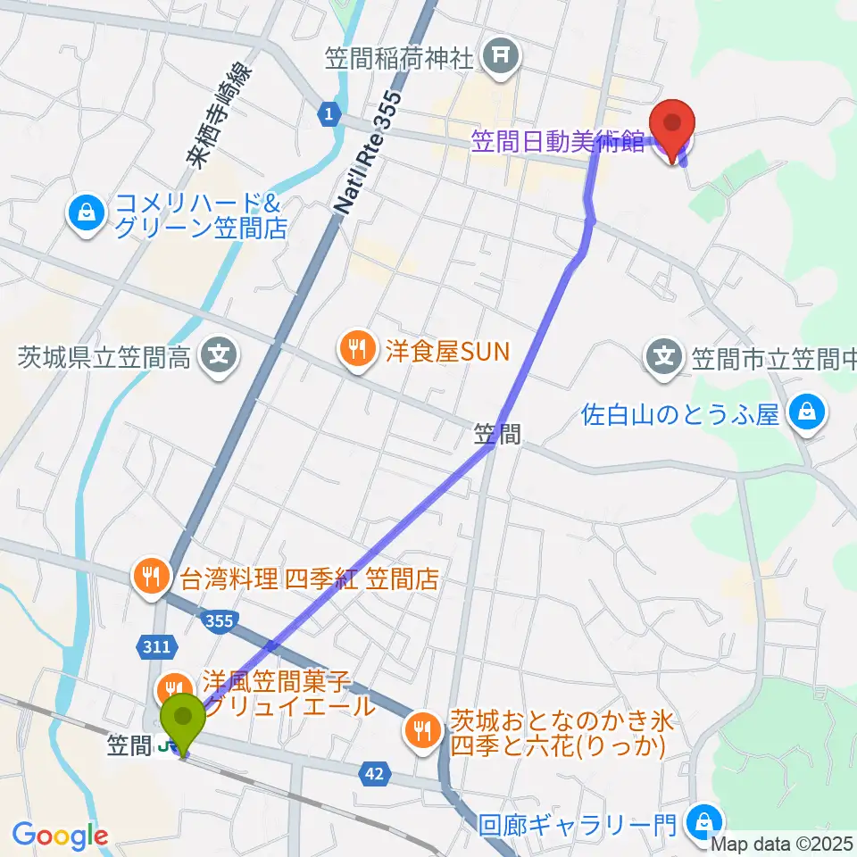 笠間日動美術館の最寄駅笠間駅からの徒歩ルート（約28分）地図
