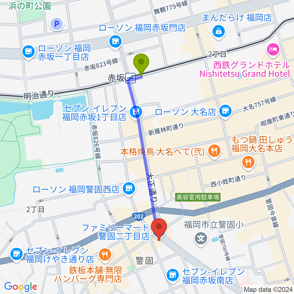 ピアノサロンKEGOの最寄駅赤坂駅からの徒歩ルート（約9分）地図