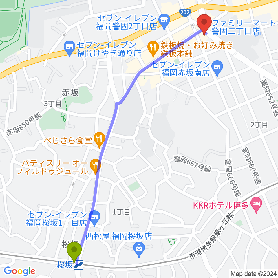 桜坂駅からピアノサロンKEGOへのルートマップ地図