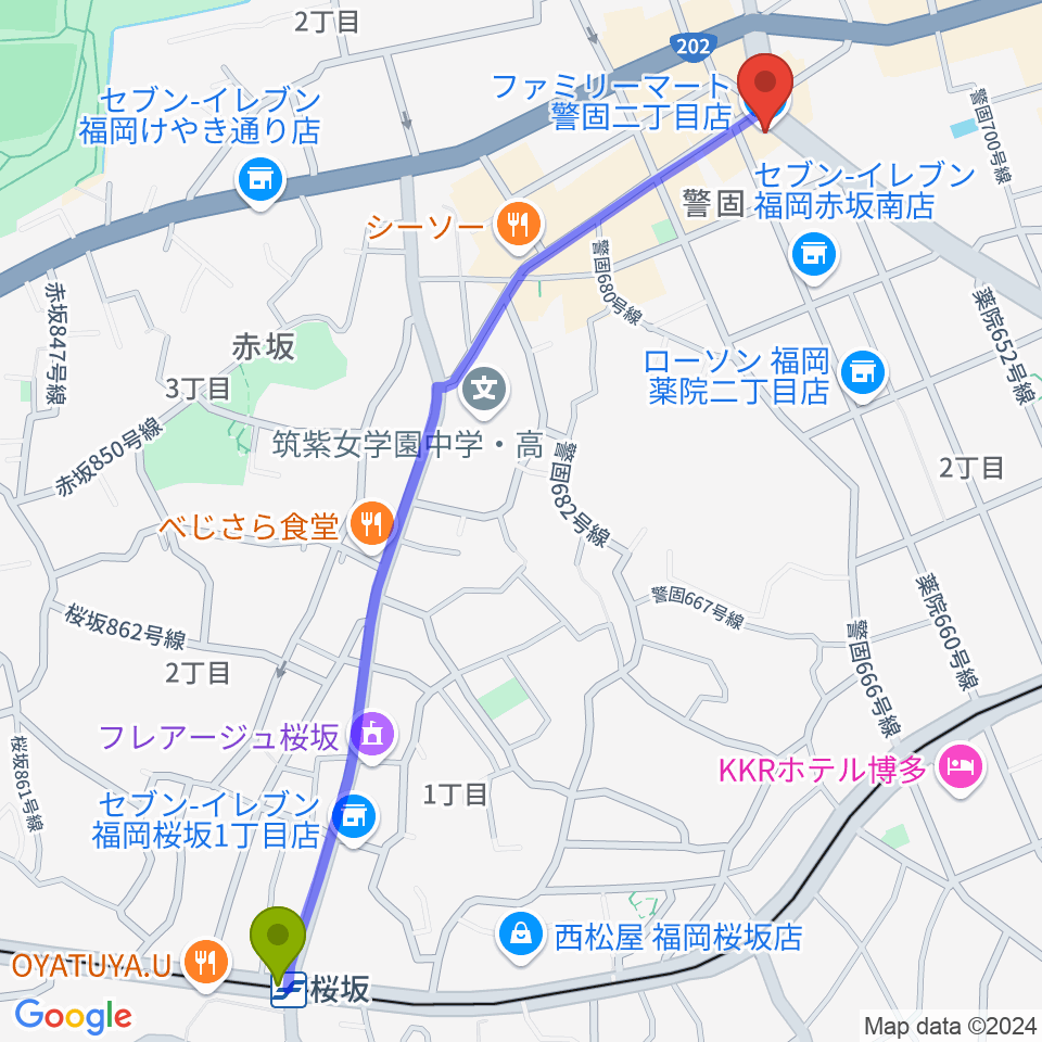 桜坂駅からピアノサロンKEGOへのルートマップ地図