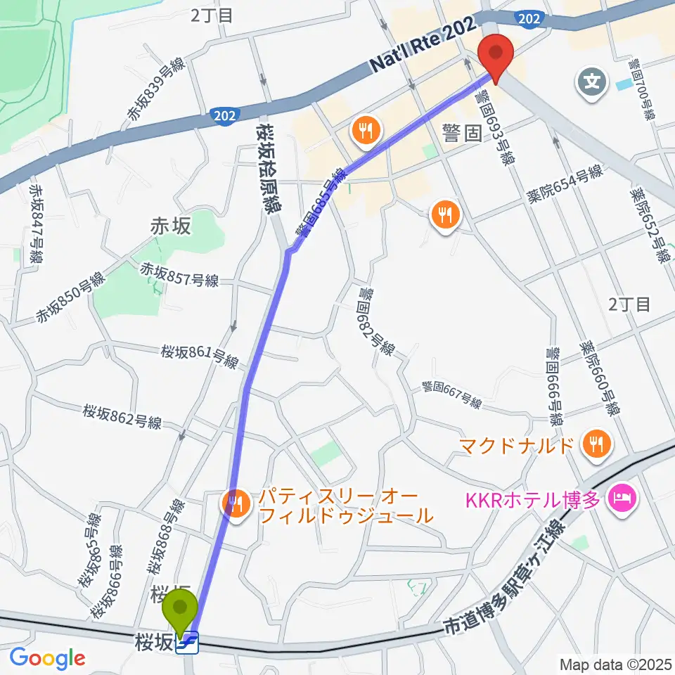 桜坂駅からピアノサロンKEGOへのルートマップ地図