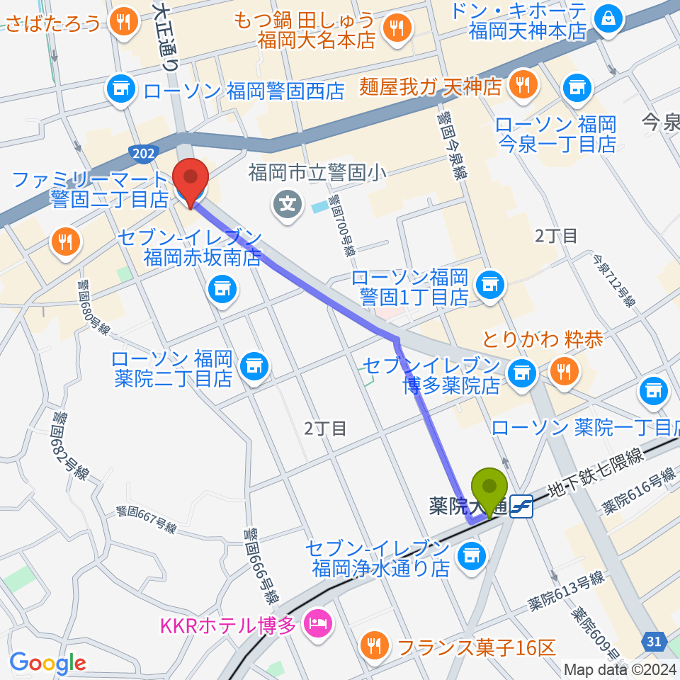 薬院大通駅からピアノサロンKEGOへのルートマップ地図