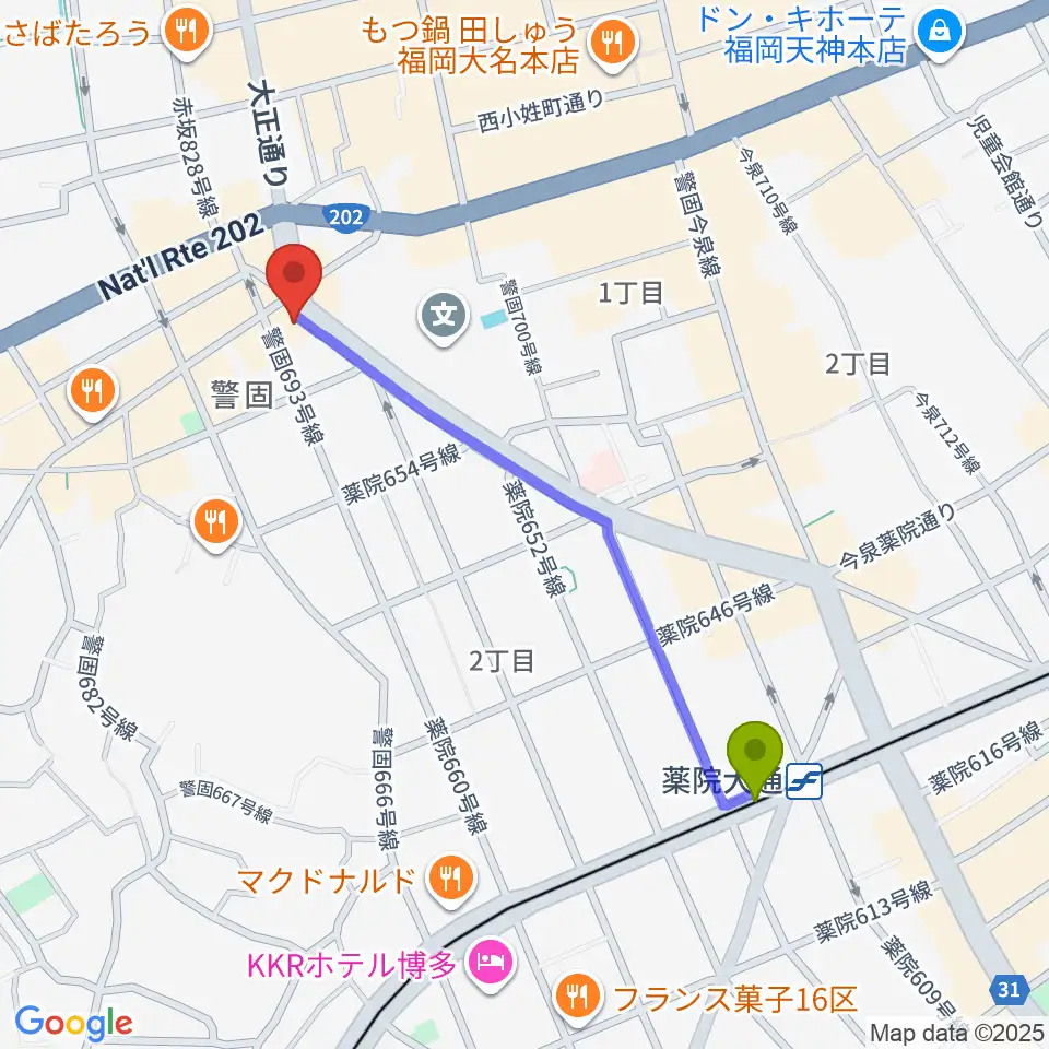 薬院大通駅からピアノサロンKEGOへのルートマップ地図