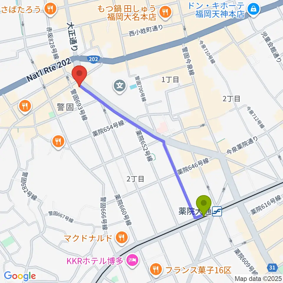 薬院大通駅からピアノサロンKEGOへのルートマップ地図