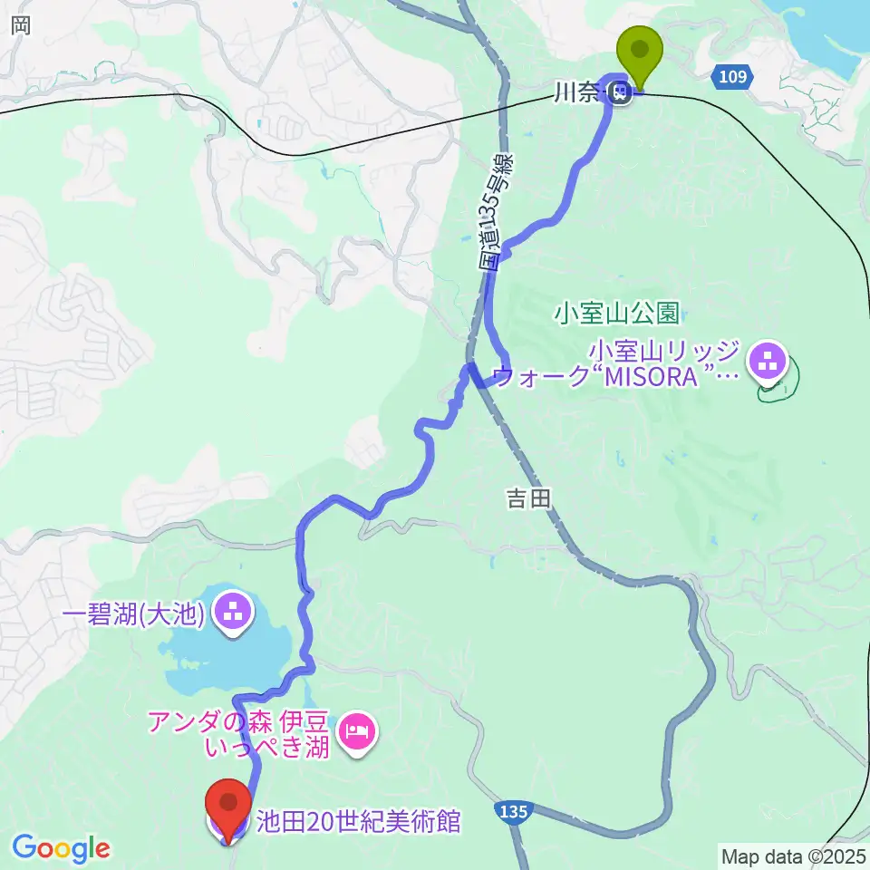 川奈駅から池田20世紀美術館へのルートマップ地図