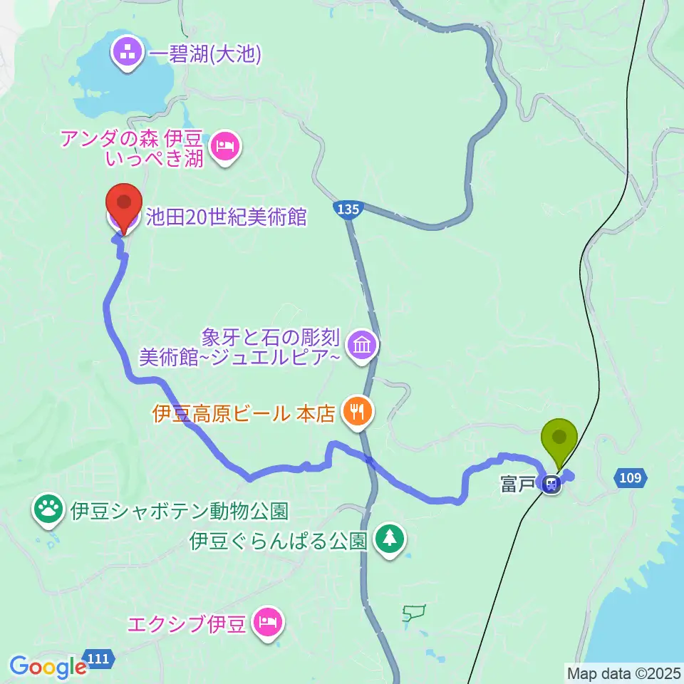 池田20世紀美術館の最寄駅富戸駅からの徒歩ルート（約45分）地図