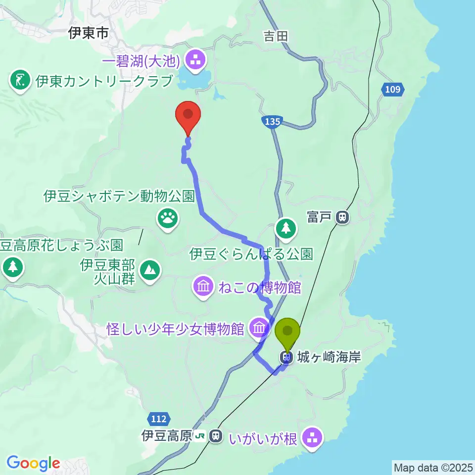 城ヶ崎海岸駅から池田20世紀美術館 へのルートマップ地図